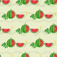 fondo de sandía y patrón sin costuras, diseño plano de hojas verdes e ilustración de jugo de flor y sandía, concepto de fruta fresca y jugosa de comida de verano. vector