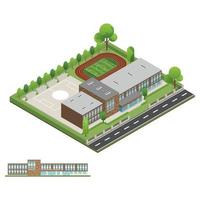 3D modern building and school with environment tree, fence and roads, Isometric of university or modern building and architecture, Flat office, school and university illustration. vector