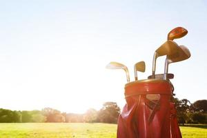 Golf equipment. Professional clubs on golf course photo