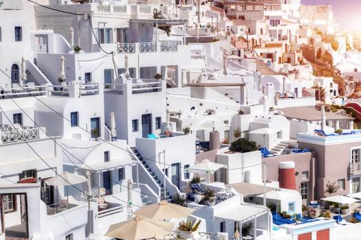 ciudad de fira en la isla de santorini, grecia. arquitectura tradicional foto