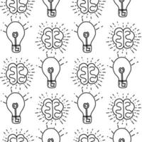 Seamless pattern with an illustration of a lamp and a brain as a symbol of a good idea in a doodle style. vector