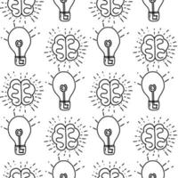 Seamless pattern with an illustration of a lamp and a brain as a symbol of a good idea in a doodle style. vector