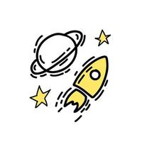 Illustration space rocket symbol yellow color in doodle style. vector