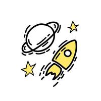 Illustration space rocket symbol yellow color in doodle style. vector