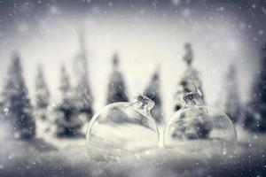 bolas de cristal de navidad en el paisaje de bosque en miniatura de invierno con nieve. foto