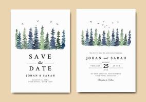 conjunto de invitación de boda acuarela de pinos vector