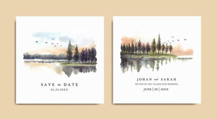 Wedding invitation with reflection of pine trees in lake watercolor