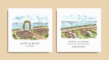 invitación de boda acuarela del paisaje natural con hermosa vista de la puerta de la boda vector