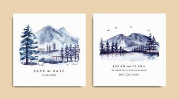 Watercolor wedding invitation set with winter landscape and icy mountain vector