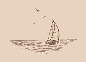 Seascape. Landscape, sea, sailboat, seagulls. Hand drawn illustration converted to vector. vector