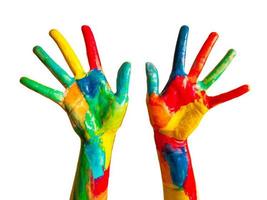 Painted hands, colorful fun. Isolated photo