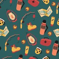 Seamless pattern with hiking elements. Drawn style. Lantern, canned food, mug, fishing rod, thermos, first aid kit, map, insect repellant, boots. vector