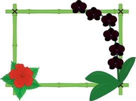 Bamboo frame with hibiscus and phalaenopsis orchid leaves and flowers vector illustration