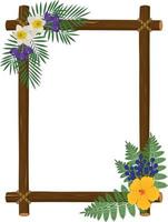 Wood branch frame with palm and fern leaves, flowers and berries vector illustration