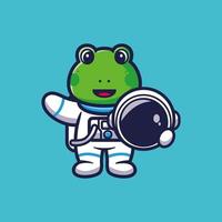 lindo astronauta rana sosteniendo casco dibujos animados vector ilustración