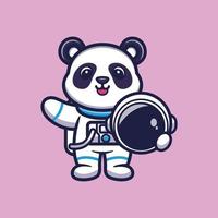lindo astronauta panda sosteniendo casco dibujos animados vector ilustración