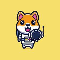 lindo astronauta shiba inu perro sosteniendo casco dibujos animados vector ilustración