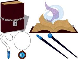 Magic books, wands and necklaces collection vector illustration