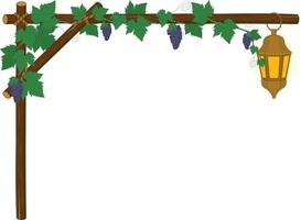 Horizontal wood branch arch frame with grape vines and lantern vector illustration