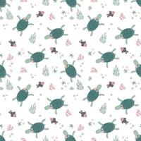 Seamless pattern with cute turtles. Hand-drawn style. vector