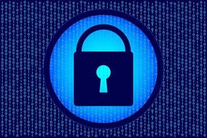 Cybersecurity and information protection concept. Locked padlock icon on binary code background vector