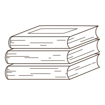 A stack of books. Reading, learning. Cozy home. Design element with outline. Doodle, hand-drawn. Black white vector illustration. Isolated on a white background