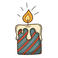 Decorative candle in stripes. A burning fire. Cozy home. Decorative design element with an outline. Doodle, hand-drawn. Flat design. Color vector illustration. Isolated on a white background