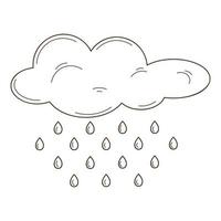 A cloud with raindrops. A weather phenomenon. Design element with outline. Autumn theme. Doodle, hand-drawn. Flat design. Black white vector illustration. Isolated on a white background.