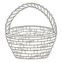 An empty wicker basket. Decorative element with an outline. Doodle, hand-drawn. Black white vector illustration. Isolated on a white background