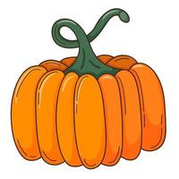 A whole orange pumpkin. A symbol of autumn, harvest. Design element with outline. Doodle, hand-drawn. Flat design. vegetable, melon plant. Color vector illustration. Isolated on a white background.