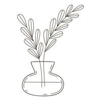 Simple twigs with leaves in a vase of water. A home decor item. Design element with outline. Doodle, hand-drawn. Black white vector illustration. Isolated on a white background