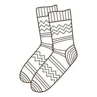 A pair of warm patterned socks. Autumn and winter clothing. Design element with outline. The theme of winter, autumn. Doodle, hand-drawn. Black white vector illustration. Isolated on white