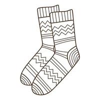 un par de cálidos calcetines estampados. ropa de otoño e invierno. elemento de diseño con contorno. el tema del invierno, el otoño. garabato, dibujado a mano. ilustración vectorial en blanco y negro. aislado en blanco vector