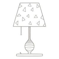 A table lamp with a shade. Electric lighting device. Design element with outline. Doodle, hand-drawn. Black white vector illustration. Isolated on a white background