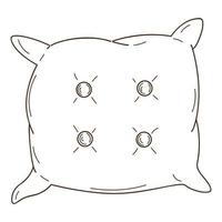 Sofa cushion with buttons. A home decor item. Design element with outline. Doodle, hand-drawn. Black white vector illustration. Isolated on a white background