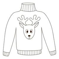Jacket with a cute deer. A warm sweater. Autumn clothing. Design element with outline. Autumn theme. Doodle, hand-drawn. Black white vector illustration.Isolated on a white background.
