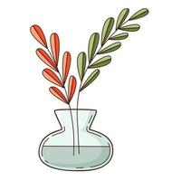 Simple twigs with leaves in a vase of water. A home decor item. Design element with outline. Doodle, hand-drawn. Flat design. Color vector illustration. Isolated on a white background.