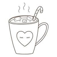 A cup of hot cocoa with marshmallows and a candy cane. A hot, invigorating, morning drink. Design element with outline. Doodle, hand-drawn. Black white vector illustration. Isolated on white