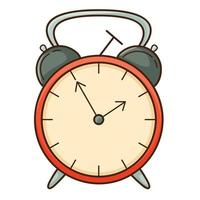 Classic mechanical alarm clock with a hammer. Design element with outline. Doodle, hand-drawn. Flat design. Color vector illustration. Isolated on a white background.