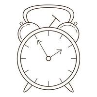 Classic mechanical alarm clock with a hammer. Design element with outline. Doodle, hand-drawn. Black white vector illustration. Isolated on a white background