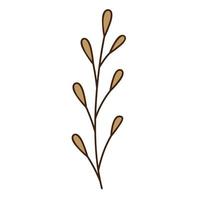 Abstract twig with yellow leaves. A blade of grass. Autumn time. Botanical, plant design element with outline. Doodle, hand-drawn. Flat design.Color vector illustration. Isolated on a white background