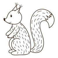 A simple cute squirrel. A forest wild mammal. Decorative element with an outline. Doodle, hand-drawn. Black white vector illustration. Isolated on a white background