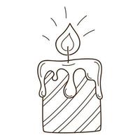 Decorative candle in stripes. A burning fire. Cozy home. Decorative design element with an outline. Doodle, hand-drawn. Black white vector illustration. Isolated on a white background.