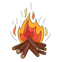 A wood-burning bonfire. Camping, picnic, burning flame. Decorative element with an outline. Doodle, hand-drawn. Flat design. Color vector illustration. Isolated on a white background.