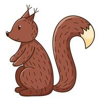 A simple cute squirrel. A forest wild mammal. Decorative element with an outline. Doodle, hand-drawn. Flat design. Color vector illustration. Isolated on a white background.