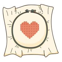Embroidery on the hoop. A red heart embroidered with a cross. Needlework. Design element with outline. Doodle, hand-drawn. Flat design. Color vector illustration. Isolated on a white background.