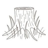 A stump of a tree. Forest, nature. Decorative element with an outline. Doodle, hand-drawn. Black white vector illustration. Isolated on a white background