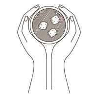 A cup of coffee with marshmallows in a woman's hands. Top view. Design element with outline. Doodle, hand-drawn. Black white vector illustration. Isolated on a white background