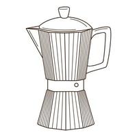 Coffee pot, geyser coffee maker. Turk for coffee, kitchen equipment. Design element with outline. Doodle, hand-drawn. Black white vector illustration. Isolated on a white background