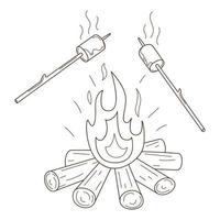 Marshmallows are fried on the fire. A wood-burning bonfire. Autumn entertainment. Decorative element with an outline. Doodle, hand-drawn. Black white vector illustration. Isolated on white.
